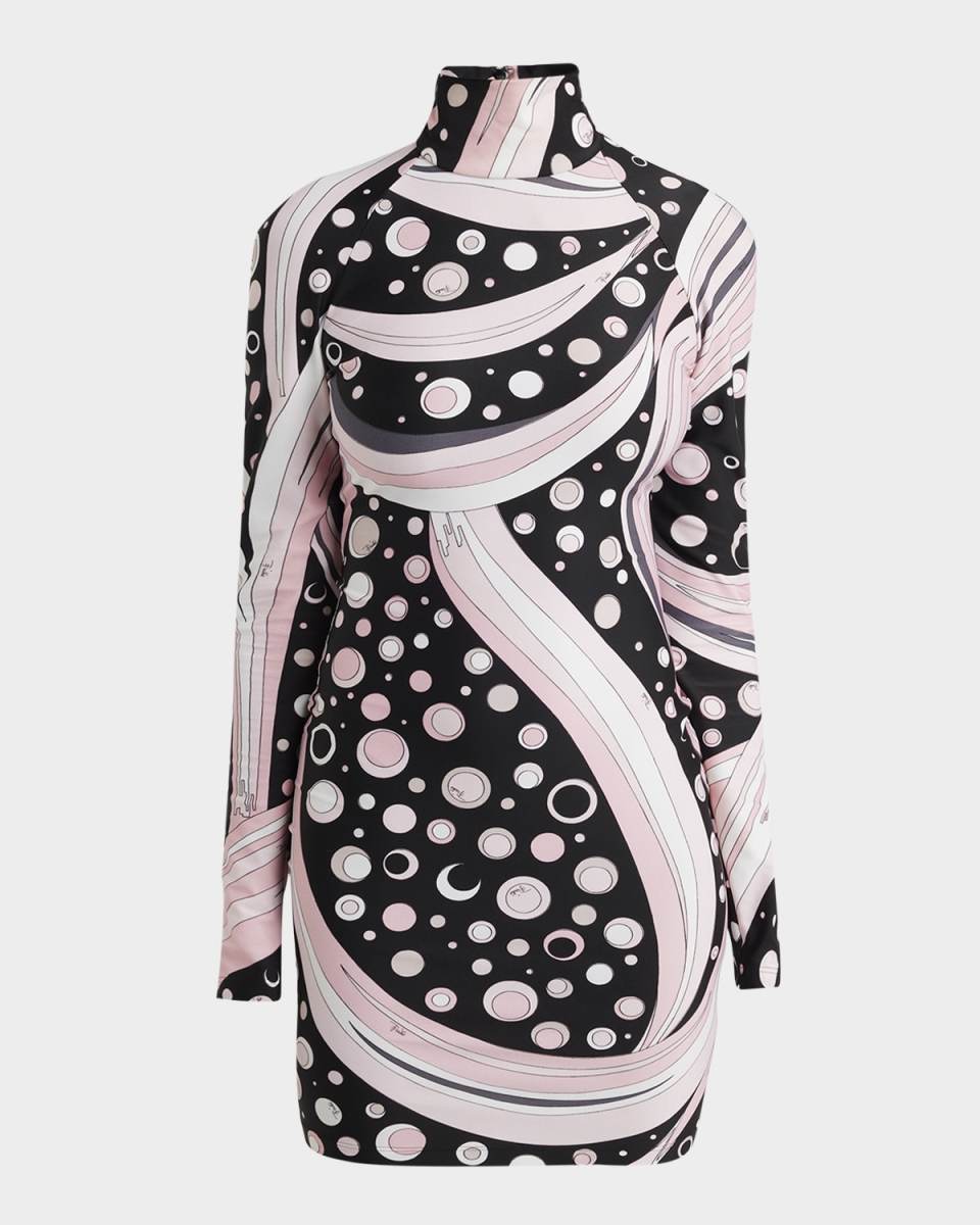 Turtleneck Long-Sleeve Printed Mini Dress